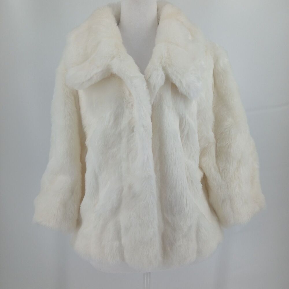 Calvin Klein Womens S/M White Faux Fur Jacket Long Sleeve Cozy Open Front Coat